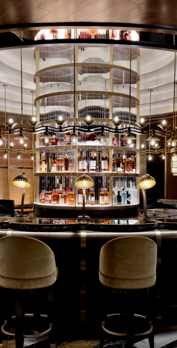 Liquor display and bar with seating