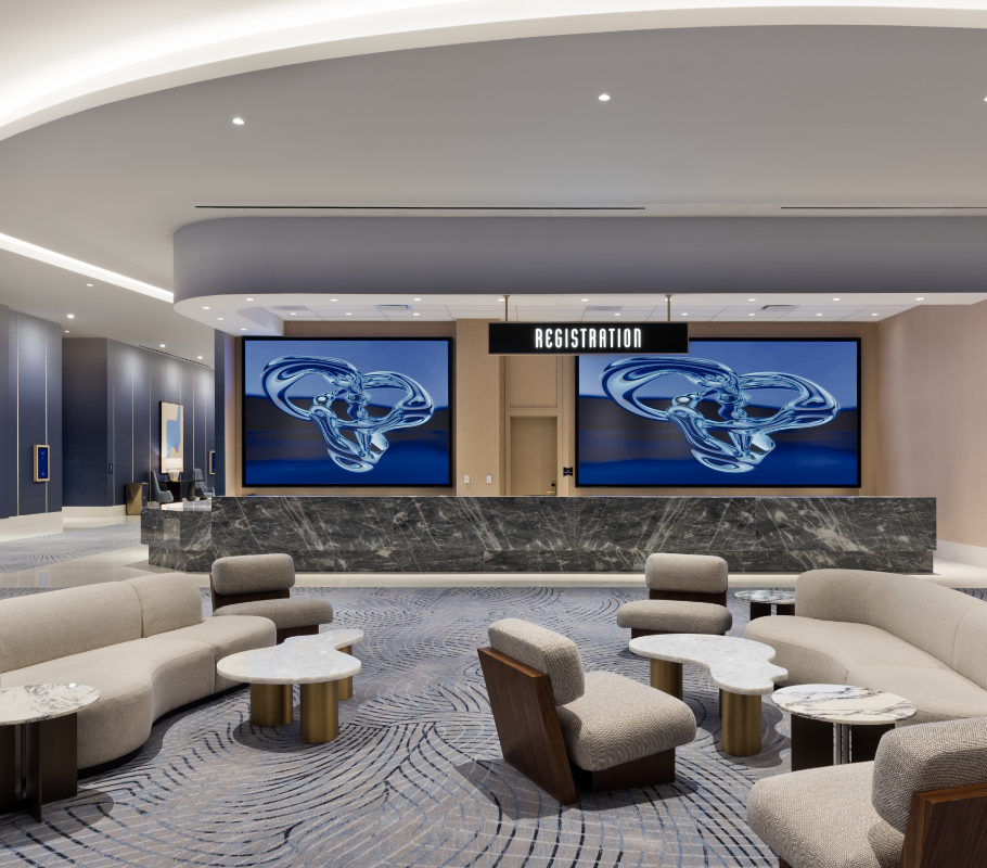 Conference center registration, hallway, and seating areas