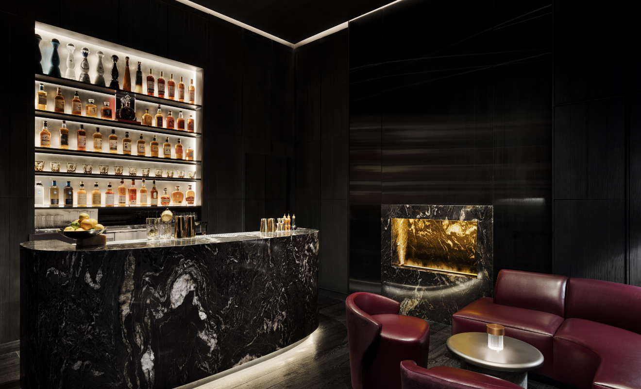 Bar top with seating and fireplace