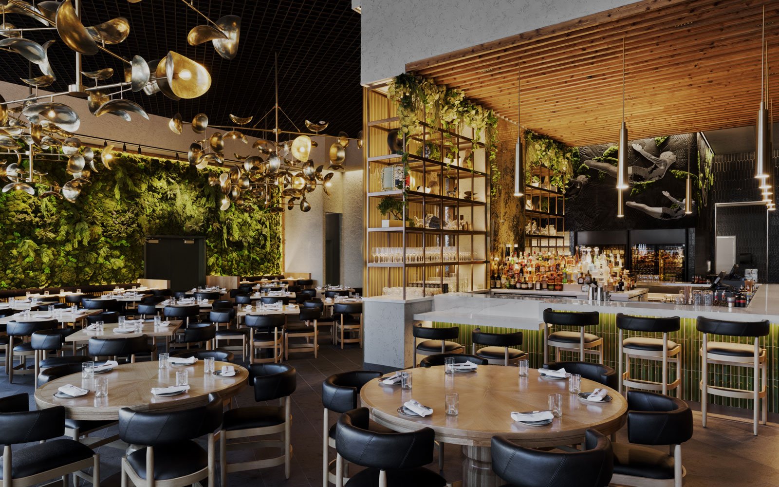 Dining room and bar set ready for customers, with wall of plants and art sculpture lamps above