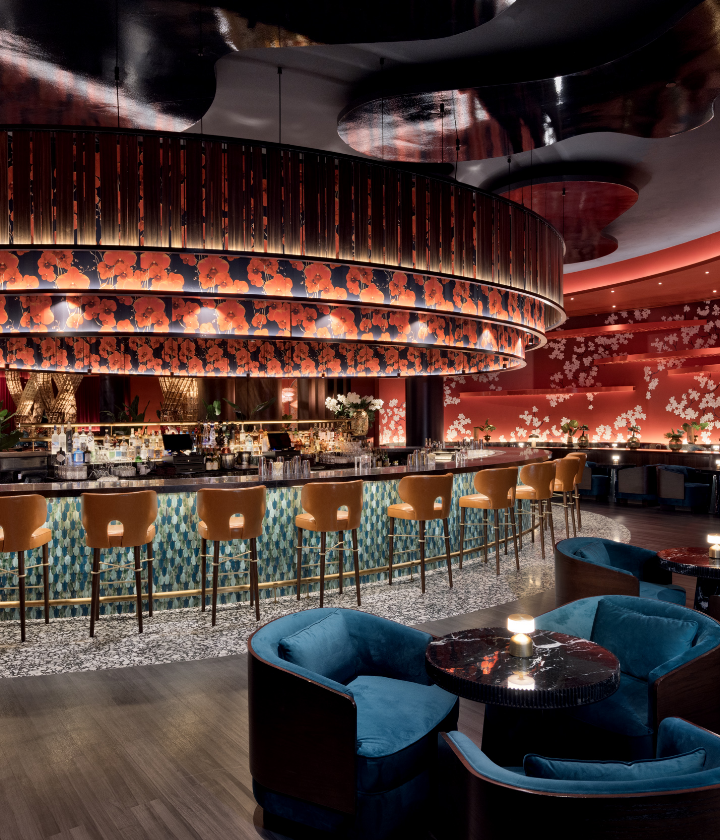 Bar and seating with Asian inspired art