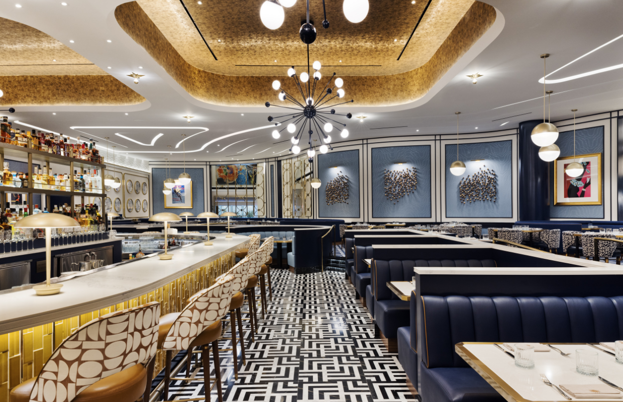 Restaurant booth rows across from bar with seating