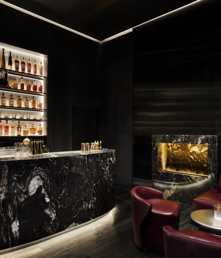 Bar top with seating and fireplace