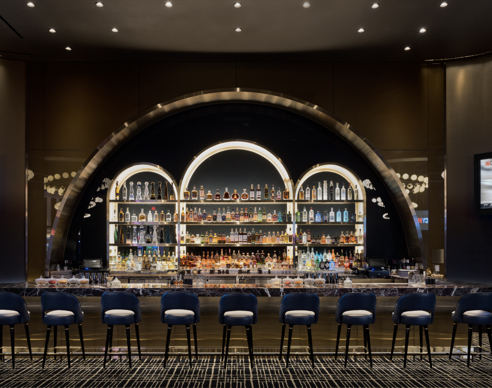 Liquor display and bar top with seating