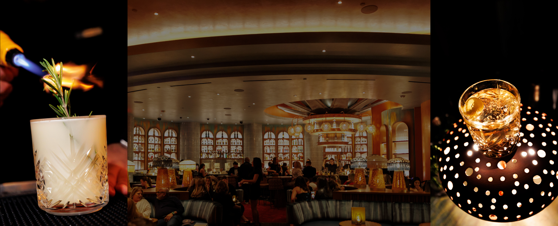 3-panel picture of a bartender setting a drink ablaze, the interior bar and seating area with people of Azul and a drink on top of a metal light feature