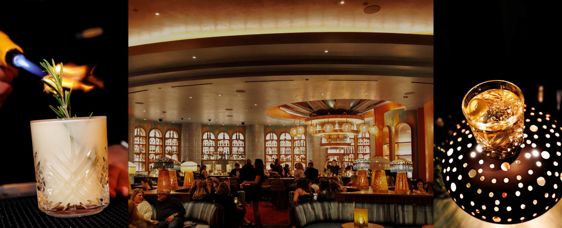 3-panel picture of a bartender setting a drink ablaze, the interior bar and seating area with people of Azul and a drink on top of a metal light feature