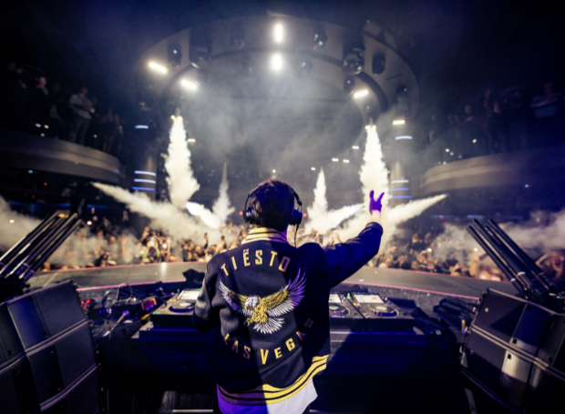 Back of Tiesto's set up in a crowded night club