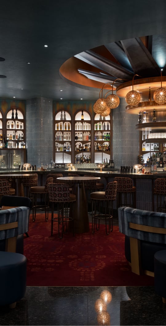 Bar seating area with liquor display wall and decorative elements