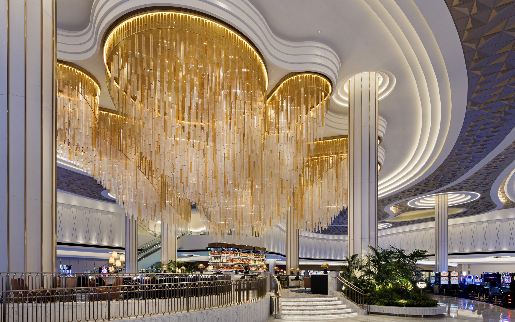 Grand chandelier above Bleau Bar