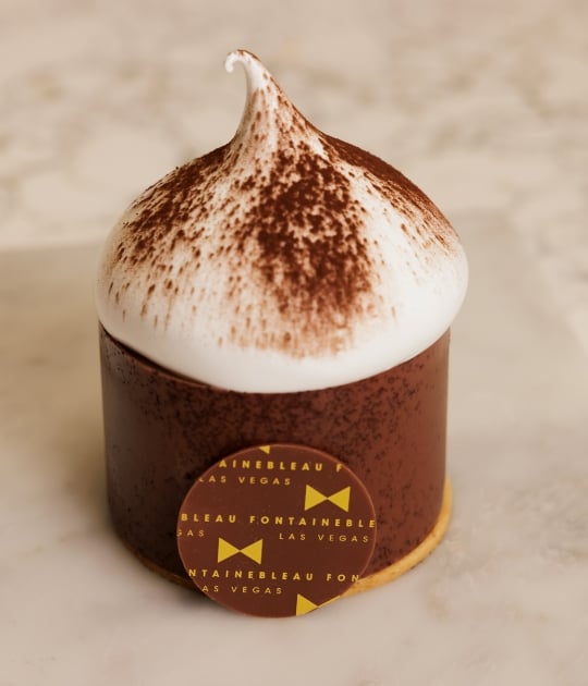 Chocolate dessert with white dollop and sprinkled cocoa