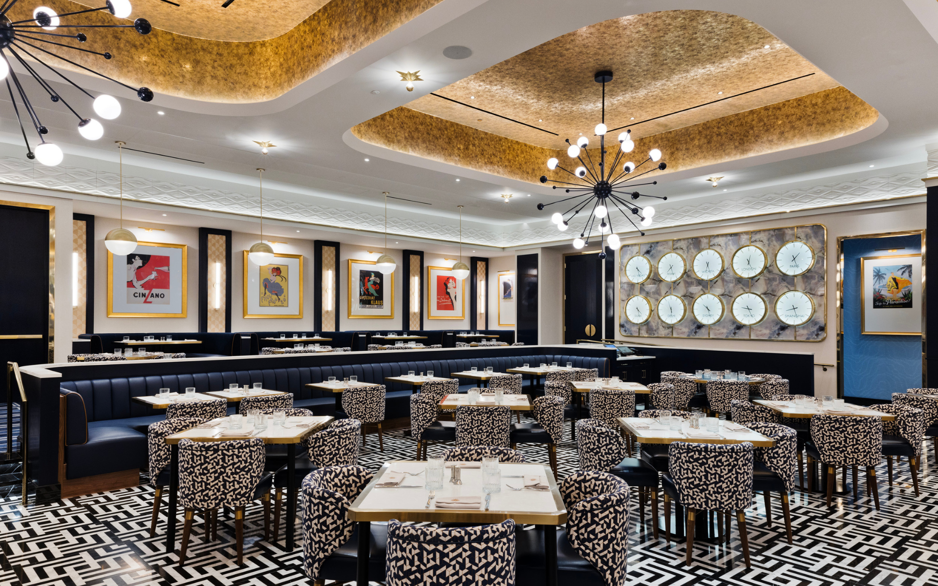 Restaurant dining space under lighting fixtures