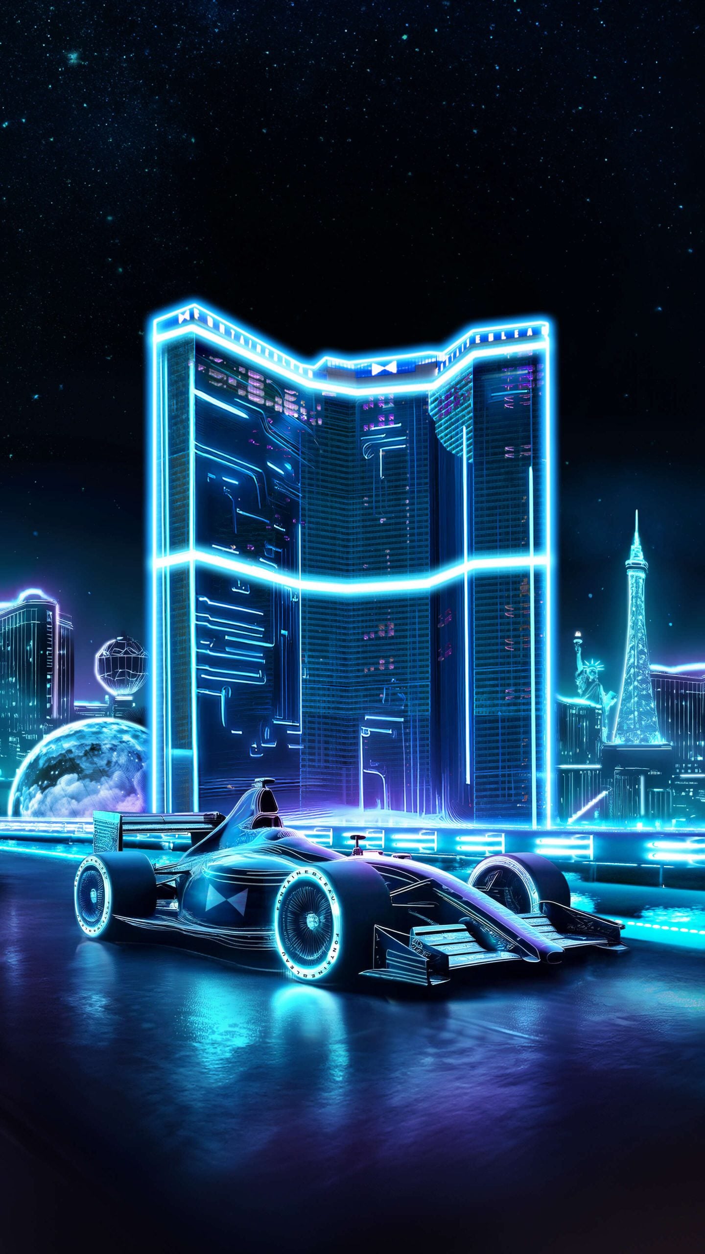 Neon stylized Las Vegas Strip scene with F1 car