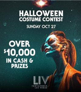 Halloween Costume Contest, Sunday October 27. Over $10,000 in cash & prizes infographic with model with skull makeup