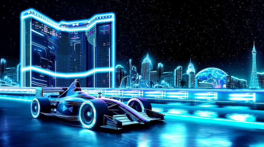 Neon stylized Las Vegas Strip scene with F1 car