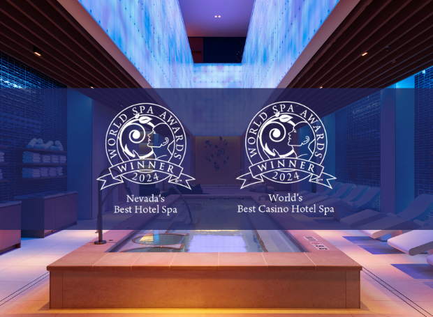 World Spa Awards Winner 2024- Nevada's Best Hotel Spa World Spa Awards Winner 2024- Nevada's Best Casino Hotel Spa logos over pool in Lapis Spa & Wellness