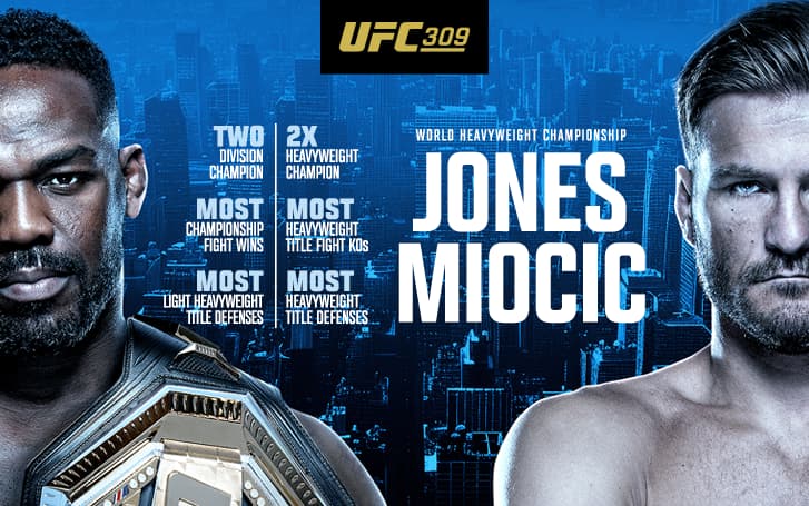2 Boxers against a blue background with text: UFC 309 Two Division Champion Most Championship Fight Wins Most Light Heavyweight title defenses 2X Heavy weight champion Most heavyweight title fight KOs Most Heavyweight title defenses World Heavyweight Championship Jones Miocic