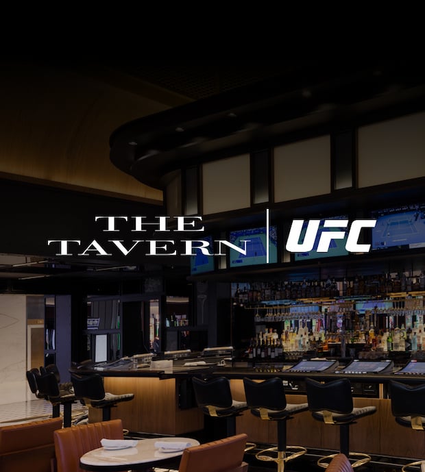 Infographic with text: The Tavern | UFC over a bar seating area