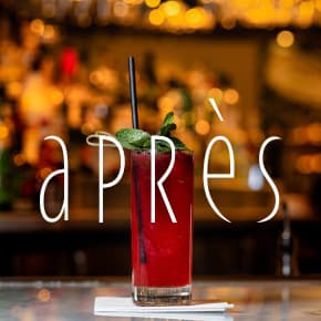 Apres logo over a red cocktail on a white surface