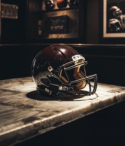 Helmet sitting on a granite table with memorabilia in background