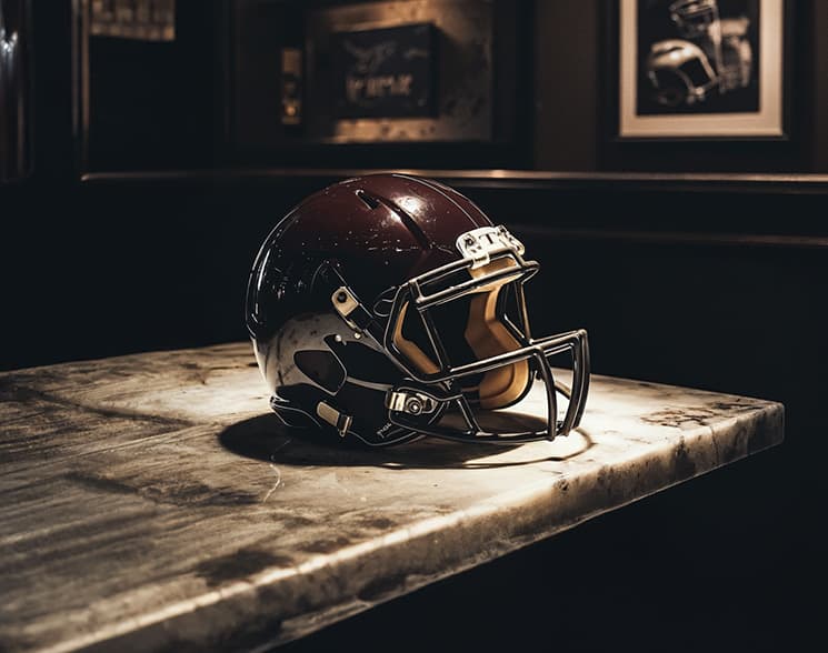 Helmet sitting on a granite table with memorabilia in background