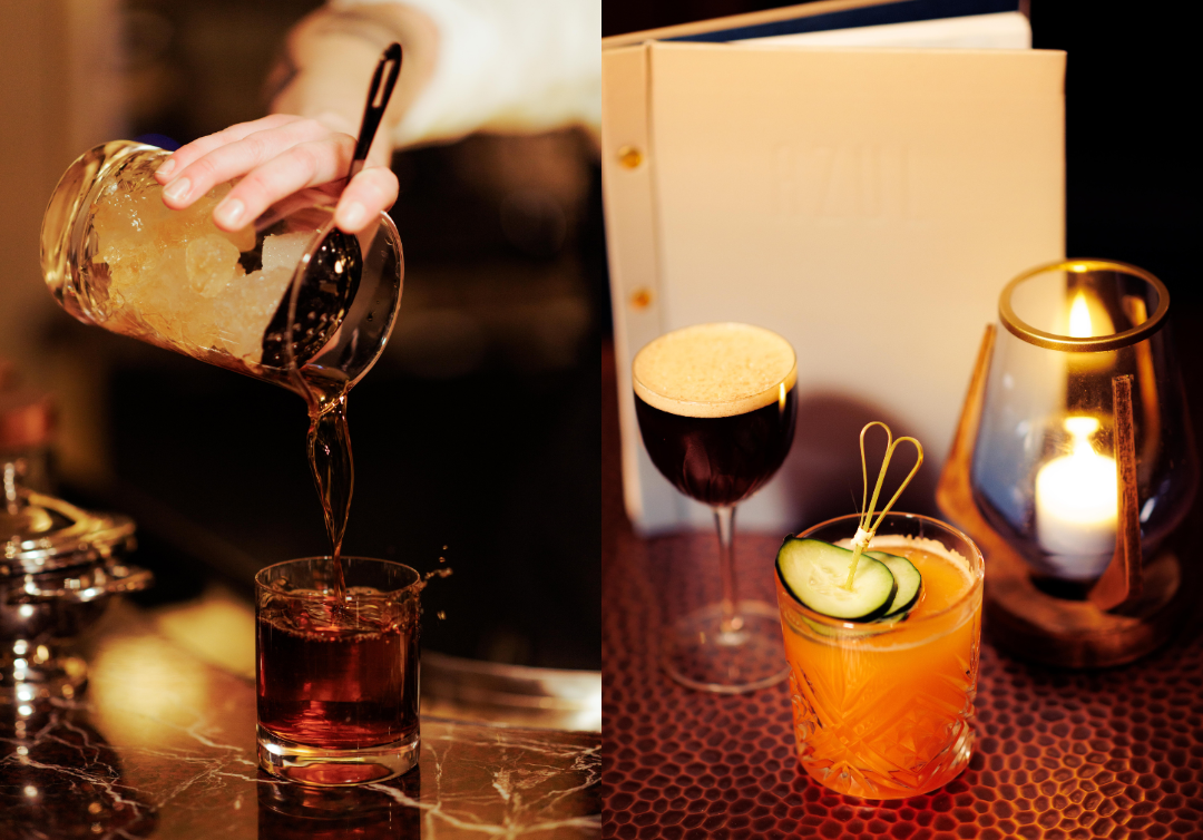 Drinks being poured and table setting