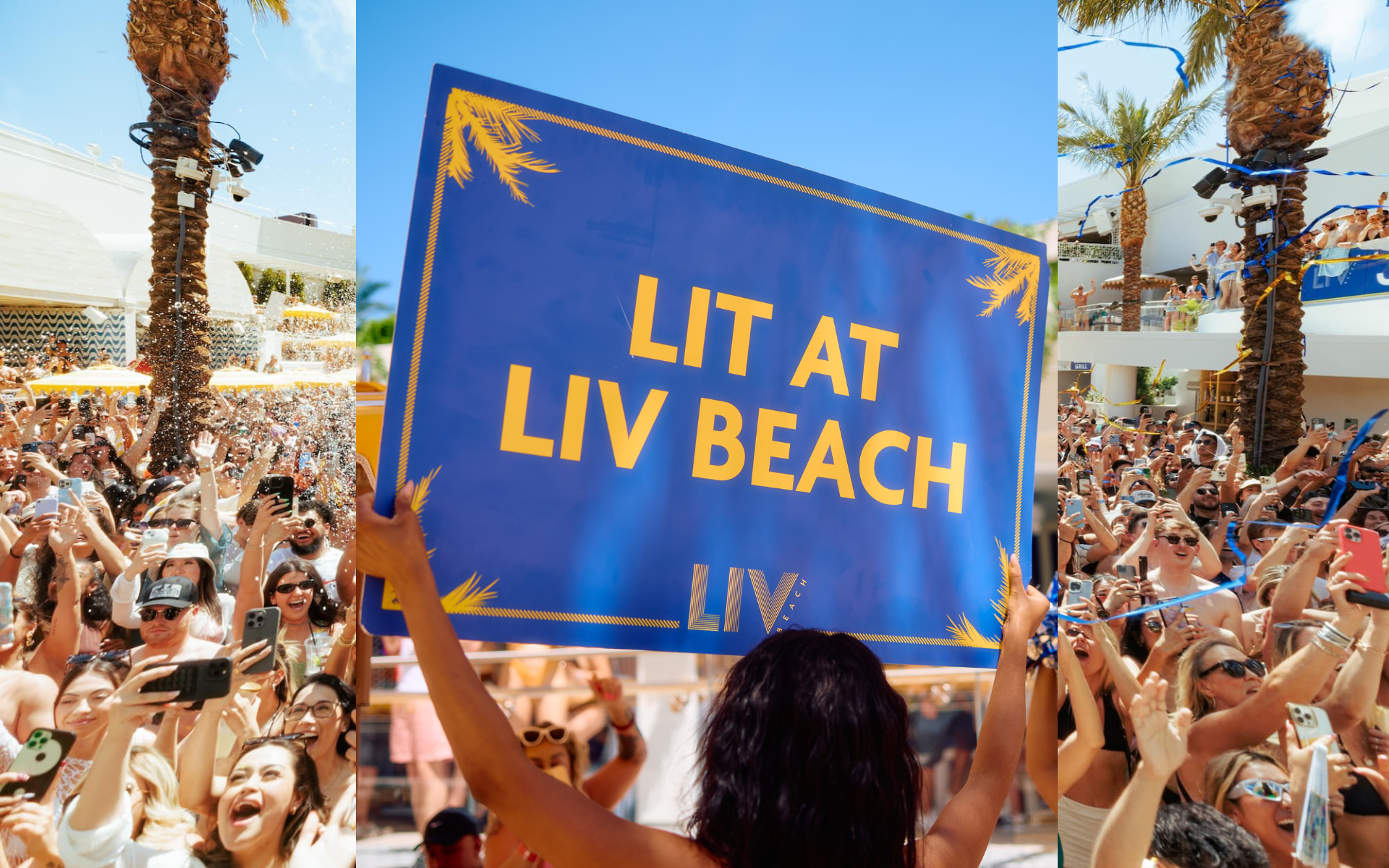 Crowd at LIV beach surrounding a sign with blue background and yellow text: Lit at LIV Beach