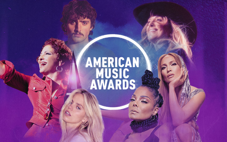 American Music Awards logo surrounded by performers over a purple background
