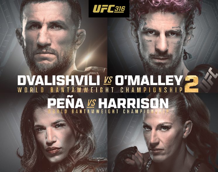 4 boxers under text UFC 316 Dvalishvili vs O'Malley World Bantamweight Championship 2, Pena vs Harrison World Bantamweight Championship