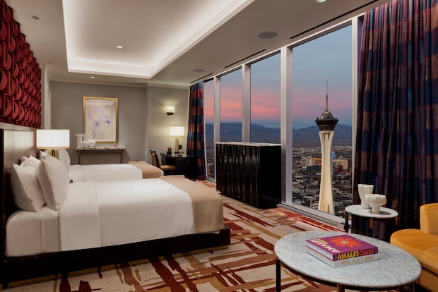 Bedroom area with view of the Strat and downtown Las Vegas from the penthouse suite at Fontainebleau Las Vegas