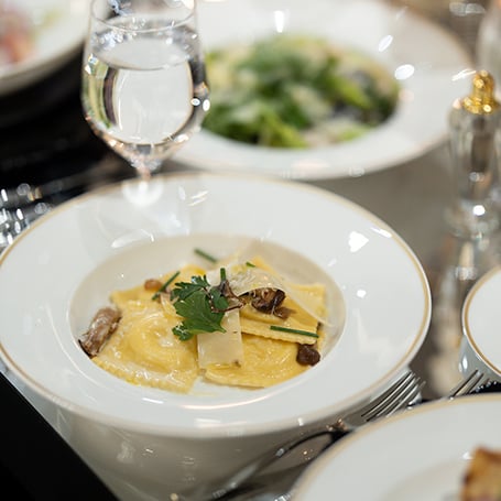 Plate of tortellini on a set table for a wedding at Fontainebleau Las Vegas