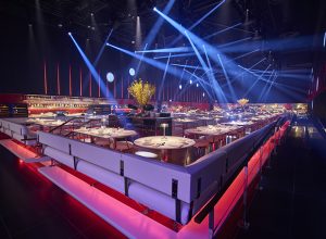Washing Potato seating area with mood lighting