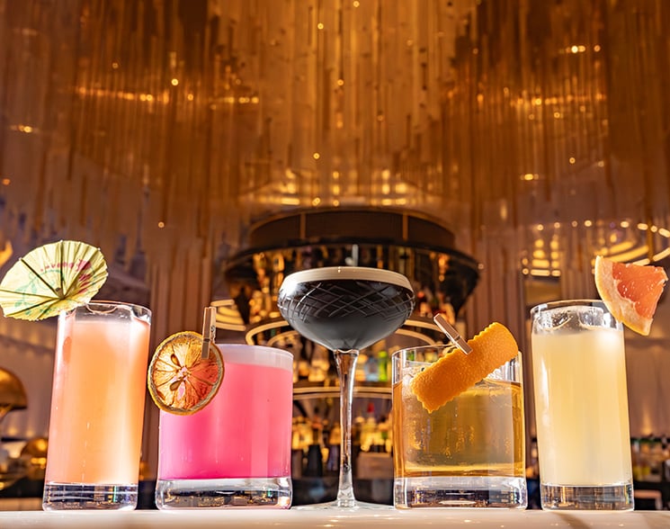 Selection of cocktails with garnishes in Bleau Bar