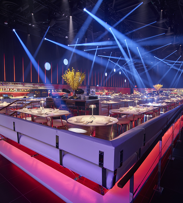 Washing Potato seating area with mood lighting