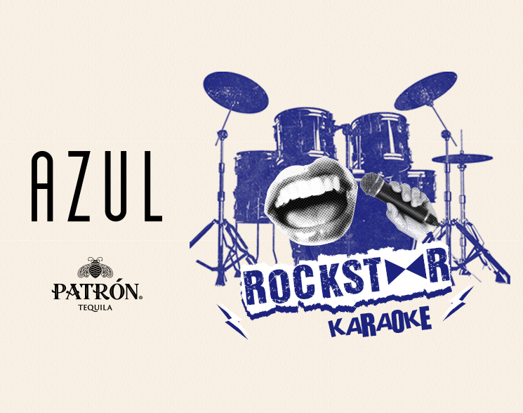 Drums with lips and microphone with text Azul Rockstar Karaoke