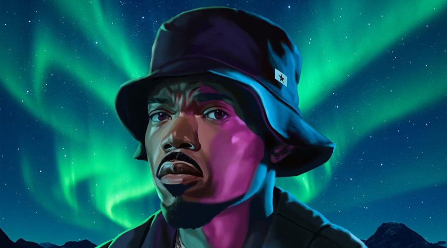 Sketched image of Chance The Rapper against a northern lights evening sky
