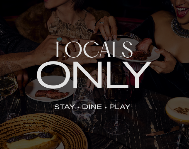 Text: Locals Only Stay Dine Play over image of people eating