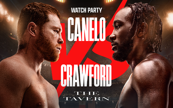 Two boxers staring at each other across text: Watch Party Canelo vs Crawford The Tavern