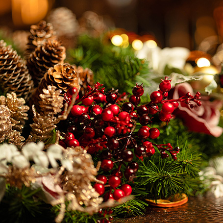 Close up of holiday wreath elements
