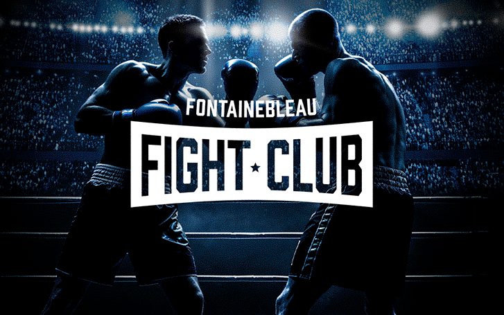 2 boxers in dramatic lighting behind text: Fontainebleau Fight Club