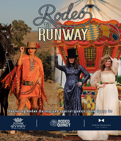 Three women modeling various clothing next to a horse under text: Rodeo to Runway featuring Rodeo Quincy and special guests Junk Gypsy Co
