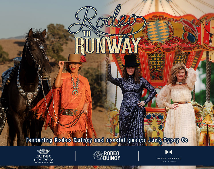 Three women modeling various clothing next to a horse under text: Rodeo to Runway featuring Rodeo Quincy and special guests Junk Gypsy Co