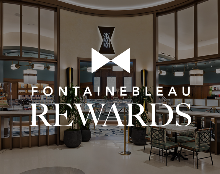 Chez Bon Bon front entryway under text: Fontainebleau Rewards