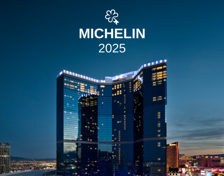 Exterior of one of the newest hotels on the Las Vegas Strip under text: Michelin 2025