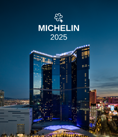 Exterior of one of the newest hotels on the Las Vegas Strip under text: Michelin 2025