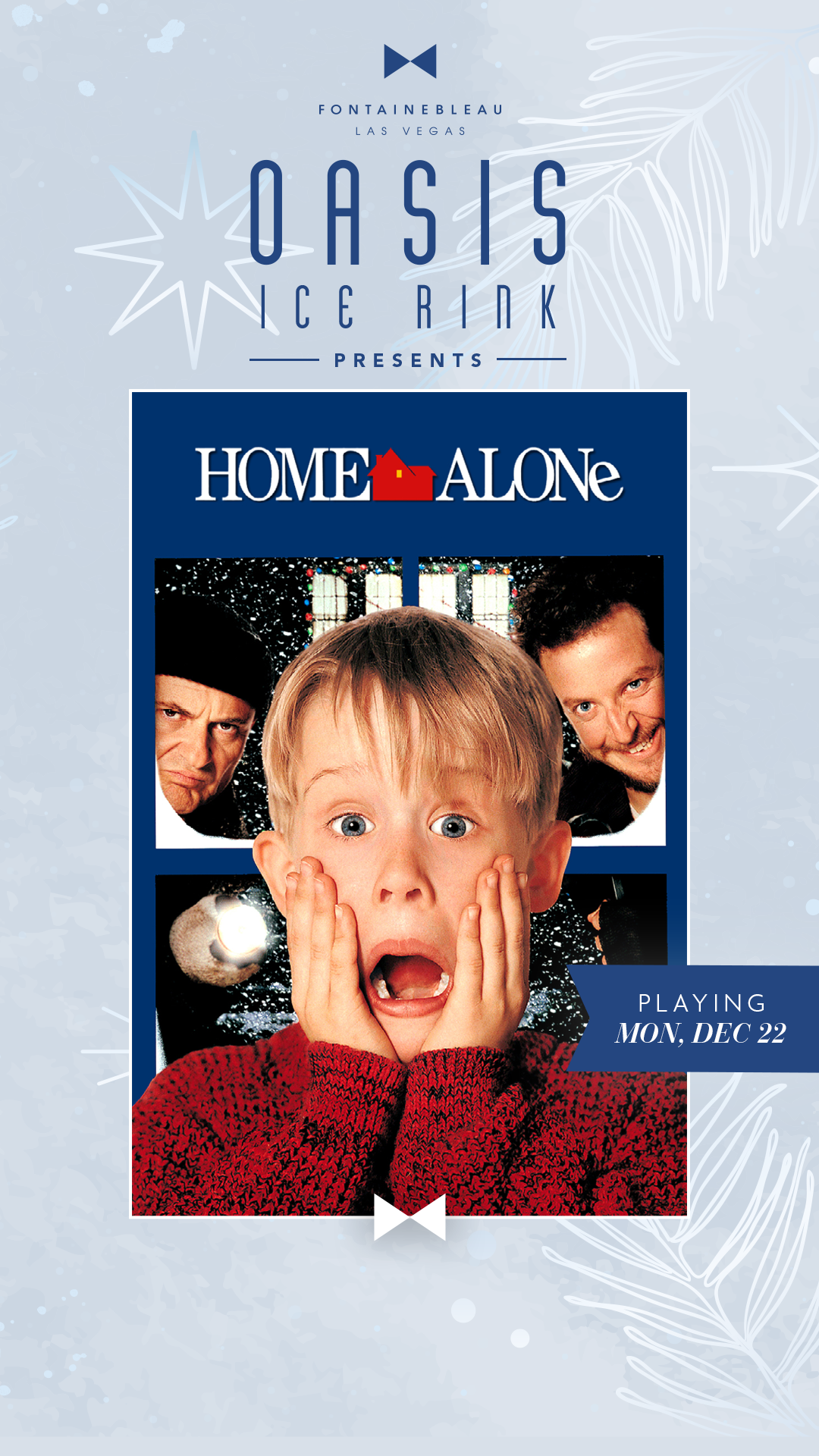 Home Alone movie poster framed by text Oasis Ice Rink Presents