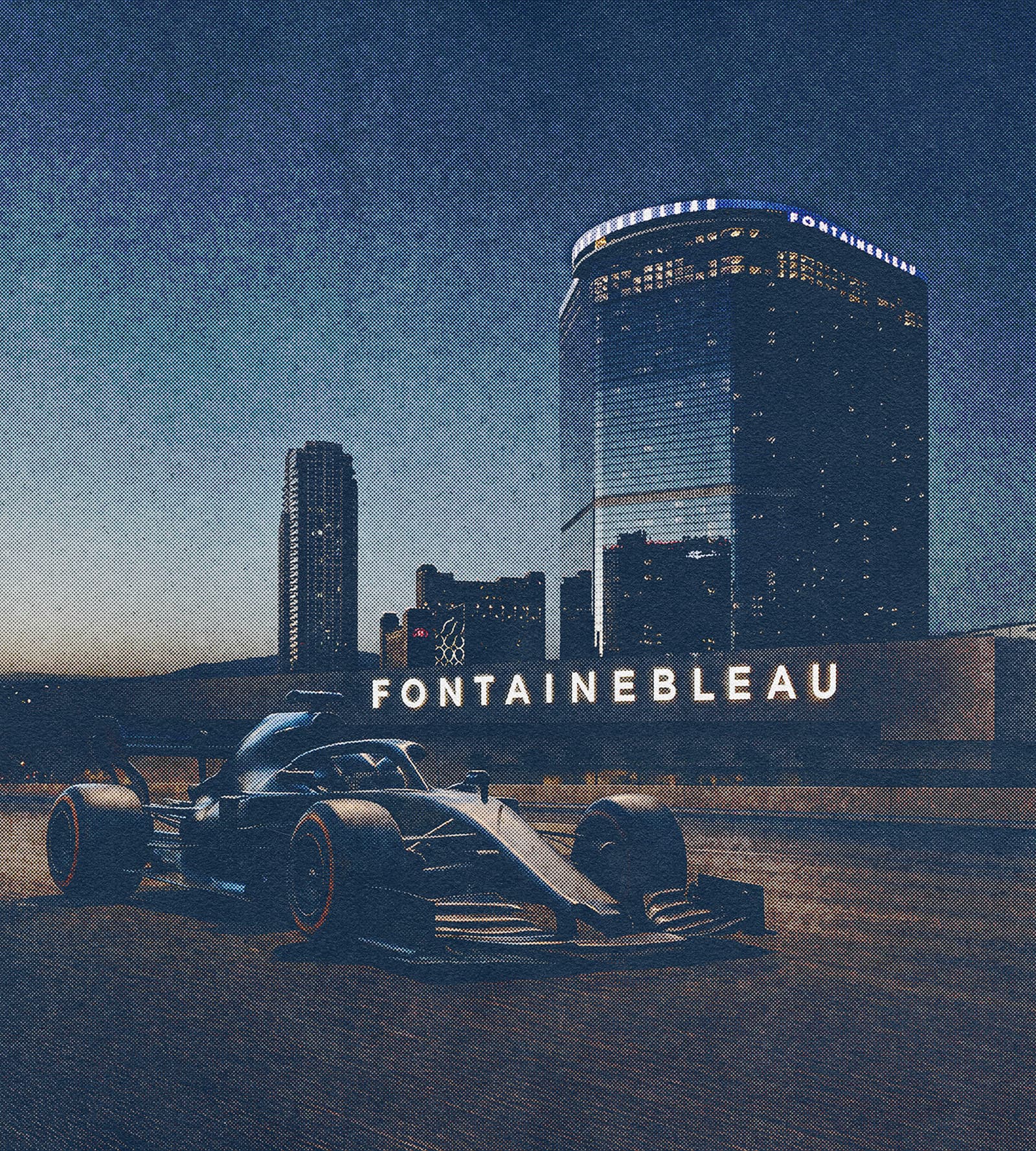 F1 car in front of Fontainebleau neon sign