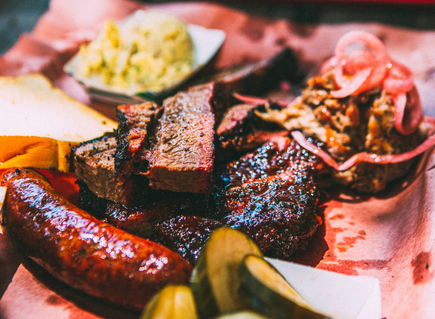 Plate of a variety of BBQ meats
