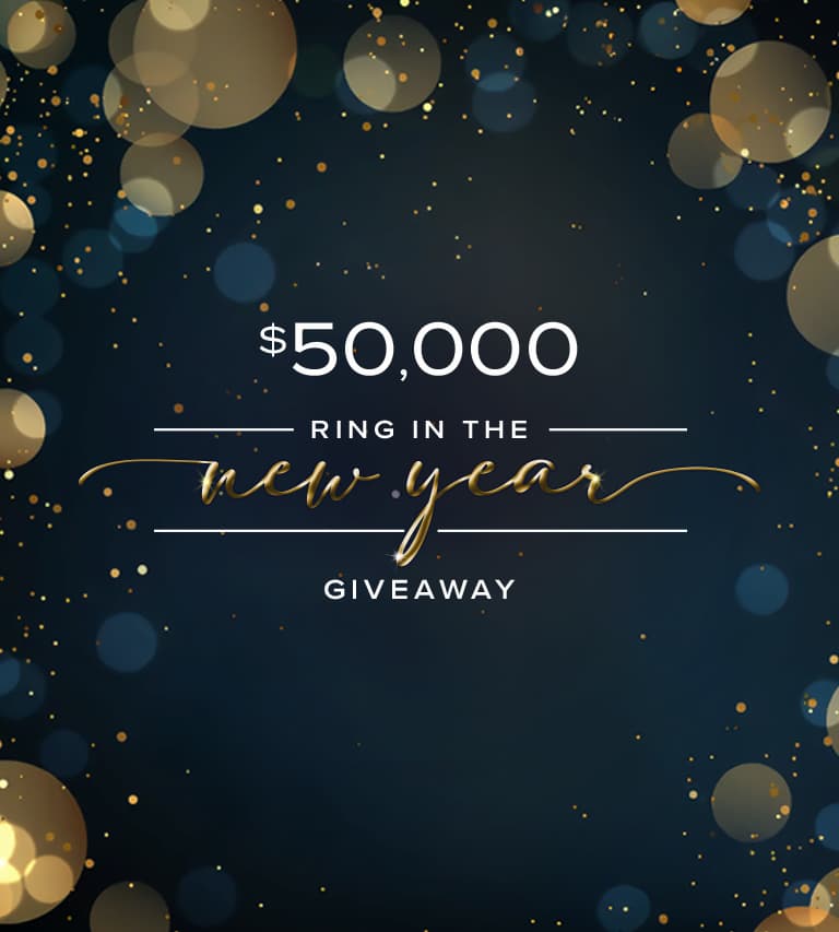 Text: $50,000 Ring in the New Year Giveaway over blue background with gold accents