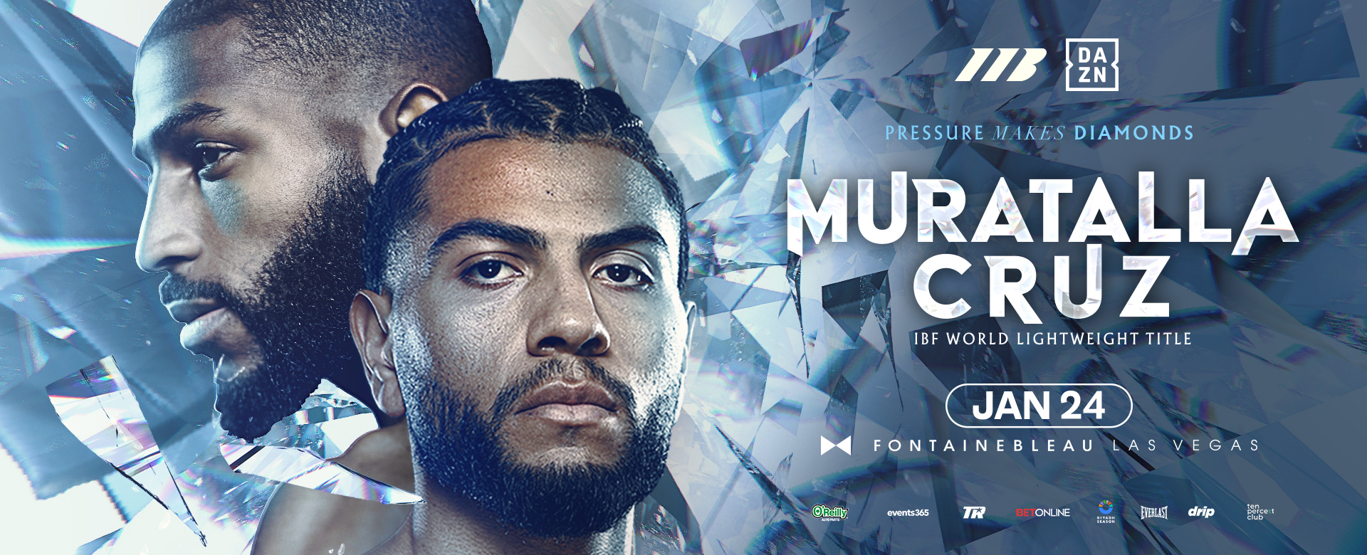 2 boxers against a diamond background next to text: Pressure makes diamonds Muratalla Cruz IBF World Lightweight Title Jan 24