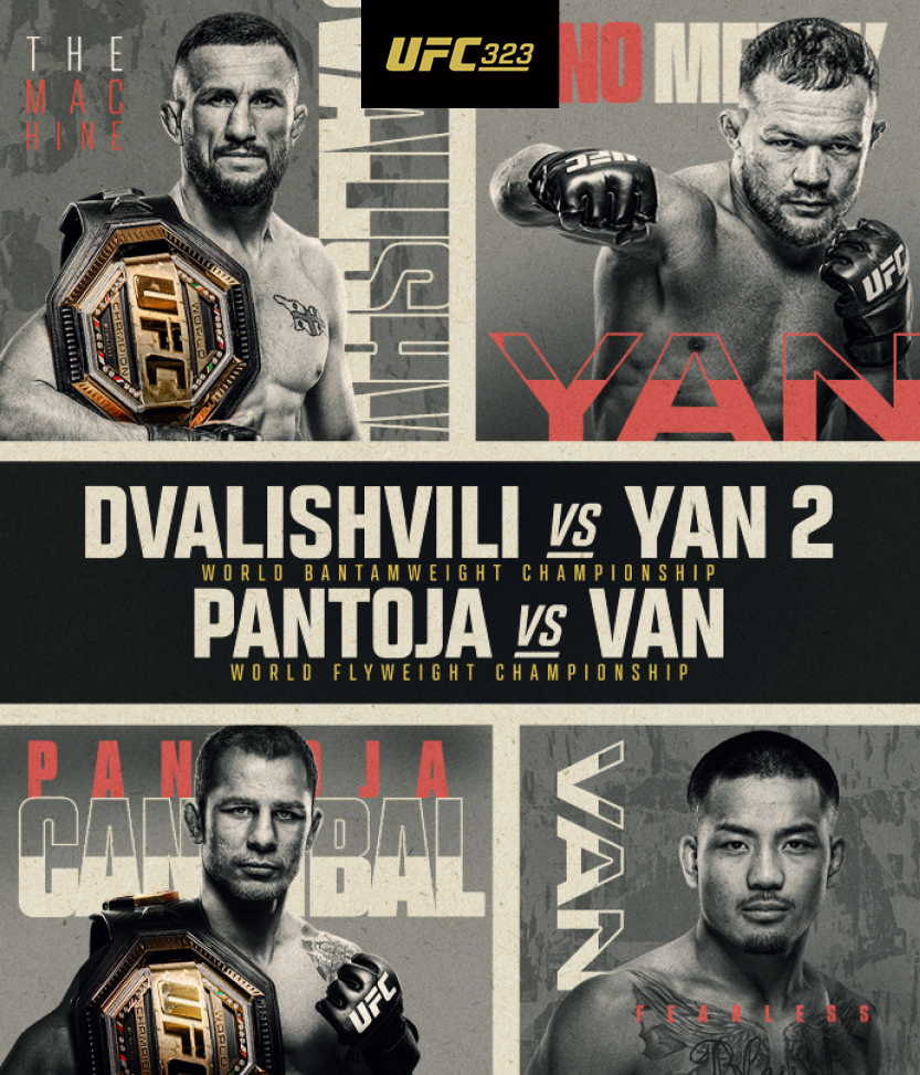 4 square images of boxers in various poses surrounded by text: UFC 323 Dvalishvili vs Yan 2 World Batamweight Championship Pantoja vs Van World Flyweight Championship